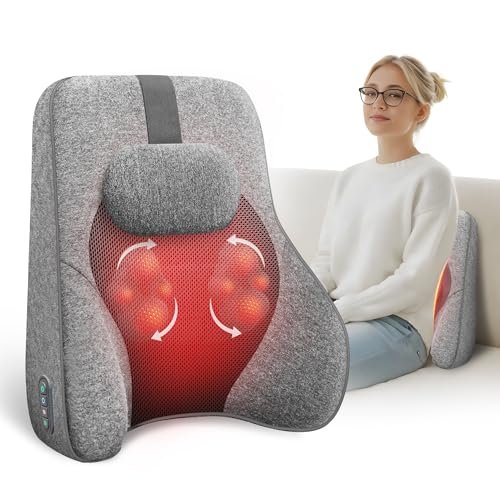 Back Lumbar Support Pillow for Office Chair Car, Office Desk Chair Lumbar Back Support with 4 Shiatsu Massage Heads & Heating Function, Memory Foam Lumbar Pillow for Computer Gaming Chair-Dark Gray