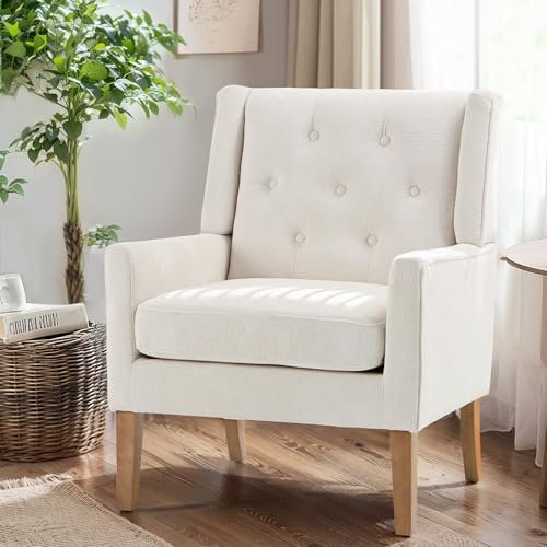 MALOL Mid-Century Living Room Chair, Modern Wingback Accent Chairs, Upholstered Armchair with Button Tufted Back and Wood Legs for Bedroom/Reading Spaces/Office, Beige