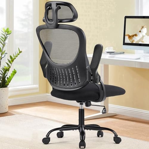 Sweetcrispy Office Computer Desk Chair, Ergonomic High-Back Mesh Rolling Work Chairs with Wheels and Adjustable Headrests, Comfortable Lumbar Support, Comfy Flip-up Arms for Home,Bedroom,Study, Black