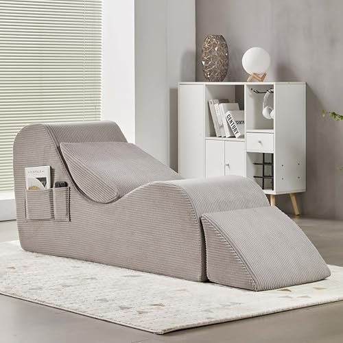 Yoga Chairs for Adults, Ergonomic Chaise Lounge Chair Indoor with Side Pocket, Lumbar Pillow, Ottoman, Yoga Chair Perfect for Stretching, Relaxation, Exercise, Used in Bedroom, Living Room (Grey)