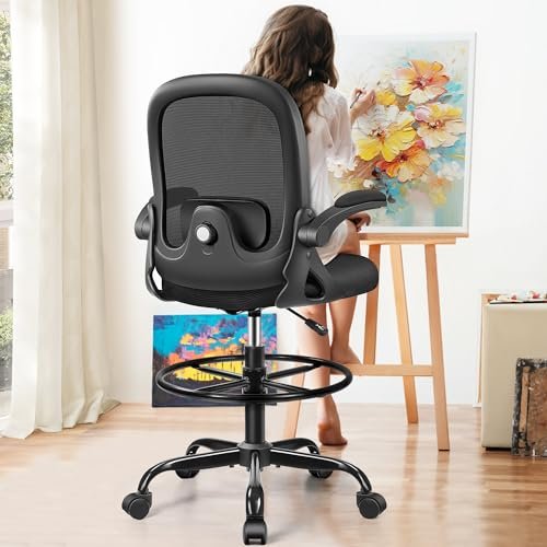 AtHope Drafting Chair, Tall Office Chair Ergonomic Standing Desk Chair,with Adjustable Footrest Ring, 3D Lumbar Support, Flip-up Armrests, Swivel Desk Stool for Drawing Working (Black)