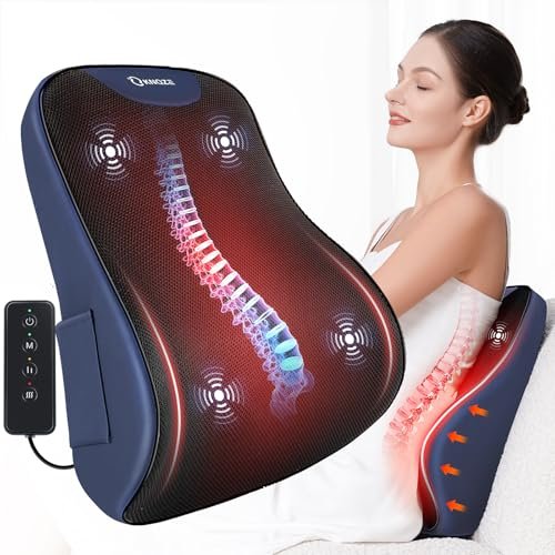 KNQZE Lumbar Support Pillow for Office Chair, Heated Back Support Pillow with Vibration, Back Massage for Pain Relief, at Home Office Car Sofa, 3 Heating Levels & 4 Motors & 3 Intensities