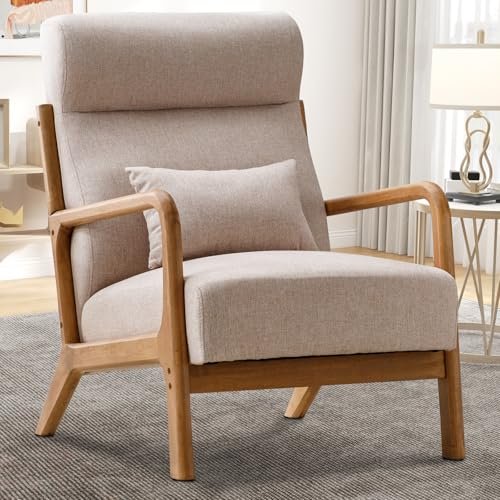 IOMOR Accent Chair Mid Century Modern Chair Linen Fabric Living Room Chairs with Solid Wood Frame Comfy Upholstered and Lumbar Pillow Reading Side Chair Easy Assembly for Living Room (1, Beige)