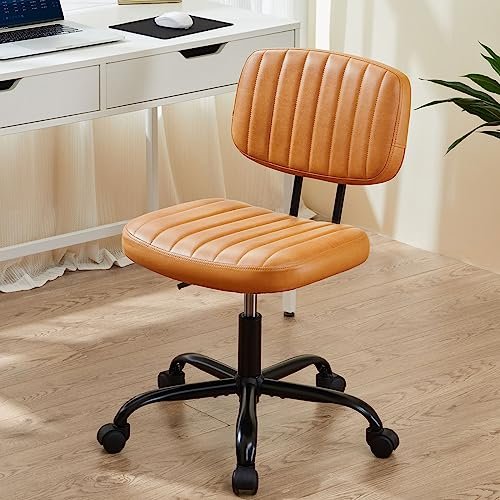 Sweetcrispy Small Office Desk Chair with Wheels Armless Comfy Computer Chair with Lumbar Support, PU Leather Low Back Adjustable Height 360° Rolling Swivel Task Chair Without Arm for Home, Bedroom