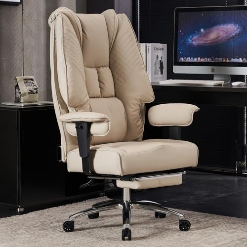 EXCEBET Big and Tall Office Chair 400lbs Wide Seat, Leather High Back Executive Office Chair with Foot Rest, Ergonomic Office Chair Lumbar Support for Lower Back Pain Relief (Beige)