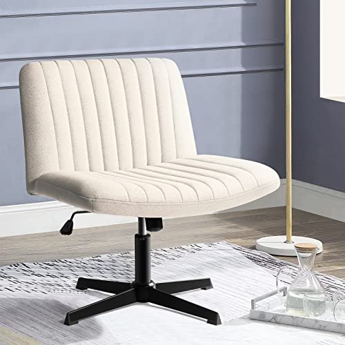 PUKAMI Criss Cross Chair,Comfy Cross Legged Office Desk Chair No Wheels,Cute Makeup Vanity Chair,Fabric Modern Swivel Height Adjustable Mid Back Wide Seat Computer Task Chair for Home Office(Beige)