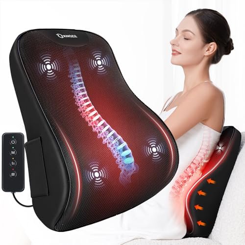 KNQZE Lumbar Support Pillow for Office Chair, Heated Back Support Pillow with Vibration, Back Massage for Pain Relief, 3 Heating Levels & 4 Motors & 3 Intensities, at Home Office Car Sofa - Black