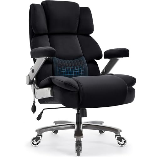 Big and Tall Office Chair 500lbs- Fabric High Back Executive Computer Chair with Adjustable Lumbar Support 3D Flip Arms Plus Size Rubber Wheels- Extra Wide Large Desk Chairs, Heavy Duty Metal Base