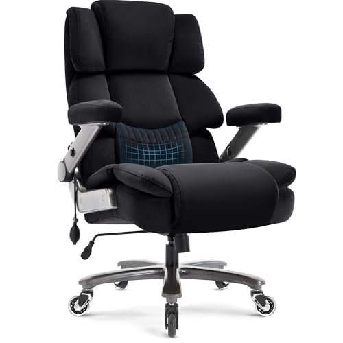 Big and Tall Office Chair 500lbs- Fabric High Back Executive Computer Chair with Adjustable Lumbar Support 3D Flip Arms Plus Size Rubber Wheels- Extra Wide Large Desk Chair, Heavy Duty Metal Base