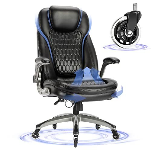 Executive Office Chair-Ergonomic Computer Desk Chair, High Back Leather Chair with Padded Flip-up Arms, Swivel Home Office Chair Upgraded Caster-Black