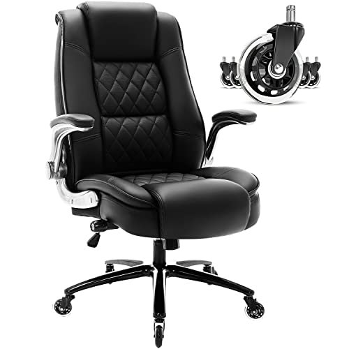 High Back Office Chair- Flip Arms Adjustable Built-in Lumbar Support, Executive Computer Desk Chair Work Chairs, Thick Padded Strong Metal Base Quiet Wheels, Ergonomic Design for Back Pain