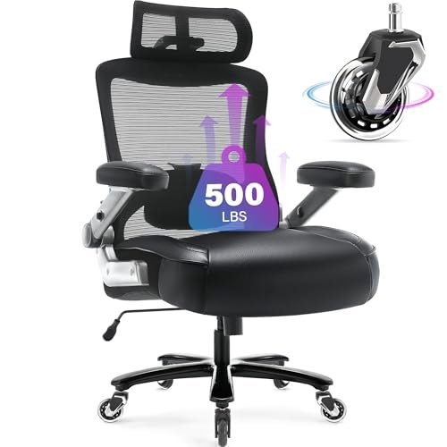 Big and Tall Office Chair 500lbs with 3D Flip Arms Adjustable Headrest - Heavy Duty Large Wheels Executive Computer Desk Chair, Ergonomic Lumbar Support Mesh High Back Plus Size Chair for Adults