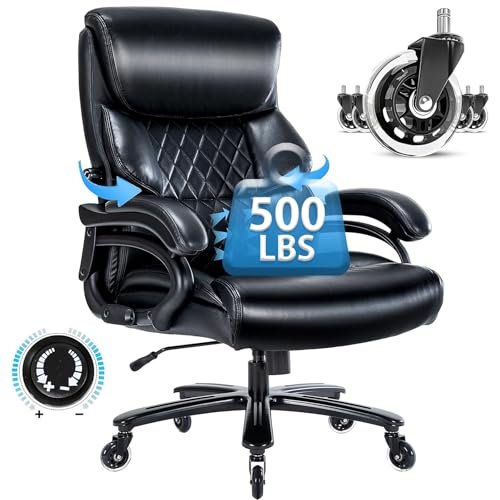 Big and Tall Office Chair- 500 LBS Heavy Duty Executive Rolling Office Chair for Heavy People with Adjustable Lumbar Support High Back Faux Leather Computer Office Chair Wide Seat Plus Size Black