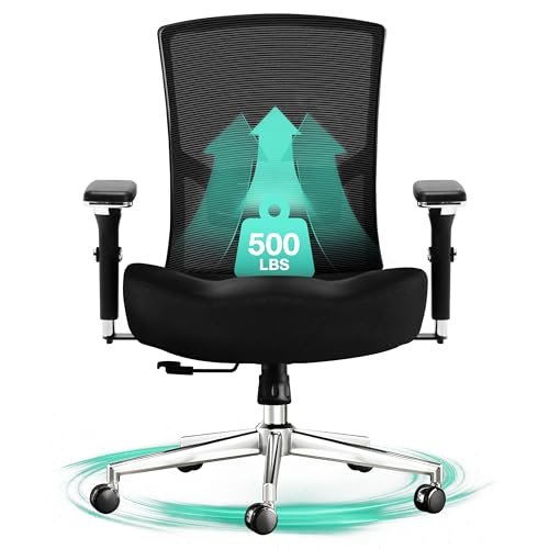 Big and Tall Office Chair 500lbs, Ergonomic Oversize Mesh Desk Chair, Heavy Duty High Back Computer Chair with Wide Thick Seat Cushion, Adjustable Lumbar Support, 4D Armrests