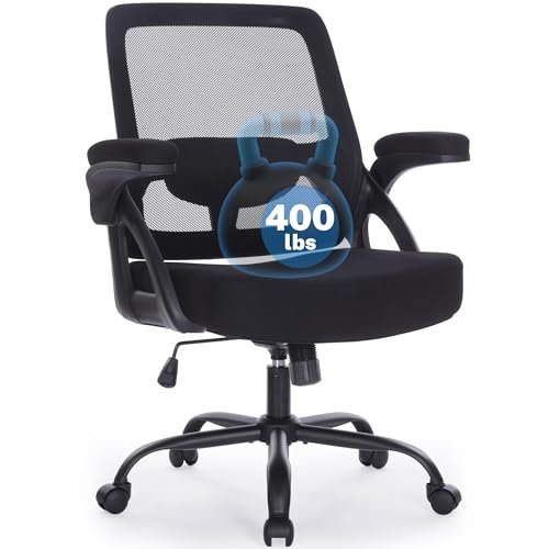 400lb Big and Tall Office Chair, Mesh Heavy Duty Desk Chair, Flip Arms Plus Size Ergonomic Computer Chairs Extra Wide Seat, Executive Home Office Rolling Swivel Task Chairs for Heavy People