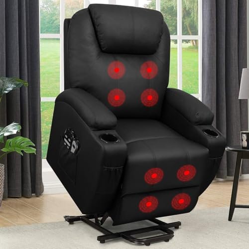 Flamaker Power Lift Recliner Chair PU Leather with Massage for Elderly Ergonomic Lounge Chair Classic Single Sofa with 2 Cup Holders Side Pockets Home Theater Seat (Leather, Light Black)