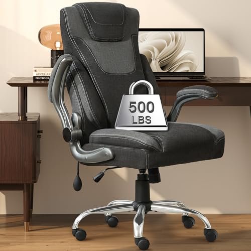 The 10 Best Fabric for Office Chair: Comfort & Durability 5 Big and Tall Fabric Office Chair 500LBS with Adjustable Lumbar Support, Extra Wide Seat for Heavy Duty Executive Desk Chair, Breathable Ergonomic Rocking Game Chair Padded Flip-up Armrests,BlackGrey