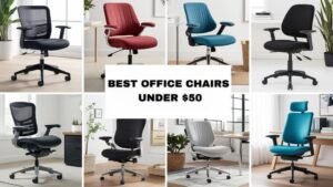 A modern ergonomic chair positioned in a bright and clean home office space.