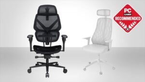 A modern ergonomic desk chair designed for comfort in a bright home office.