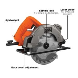 A Black and Decker circular saw undergoing maintenance on a workshop workbench.