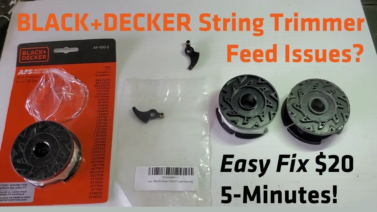 Trimmer maintenance tools and spare spools arranged for troubleshooting an auto feed.
