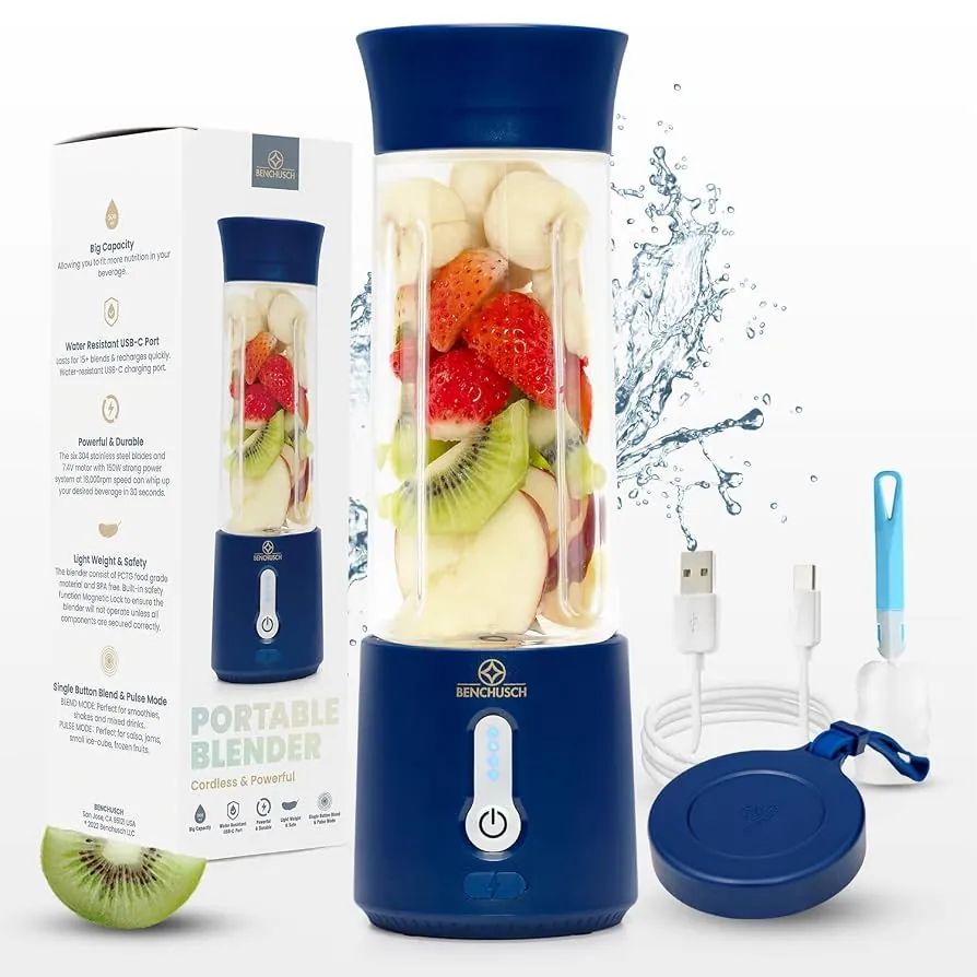 Clean magnetic charging pins and aligned safety indicators on a portable blender.