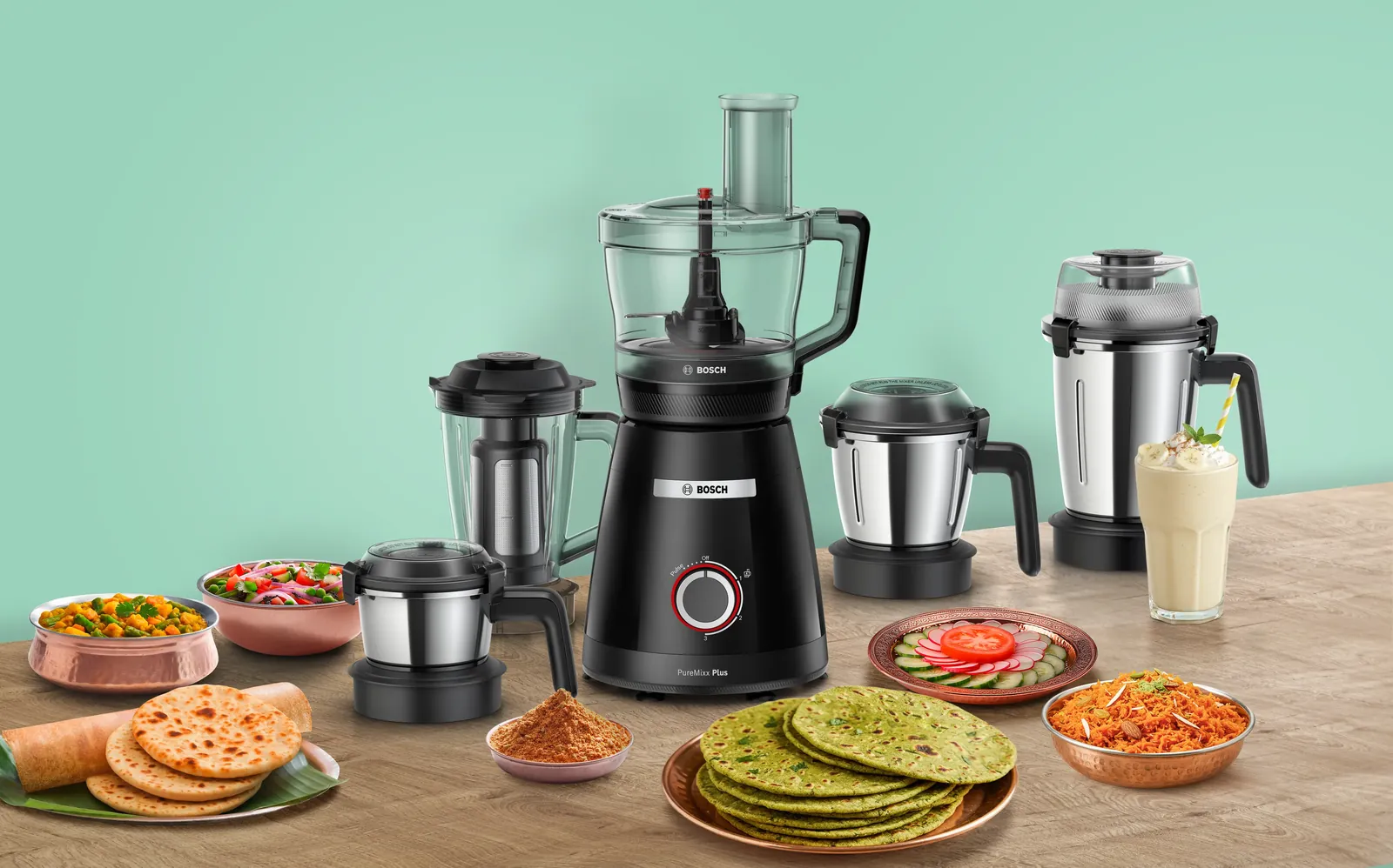 The connection point between a Bosch blender jug and base showing alignment markers.