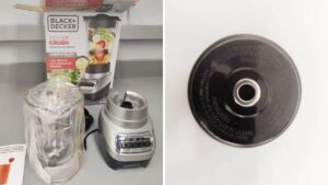 A disassembled blender sits on a kitchen counter for troubleshooting appliance issues.