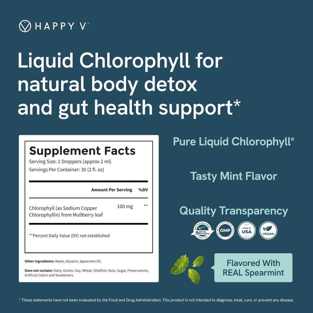 A dropper bottle of green chlorophyll liquid sits beside a glass of water.