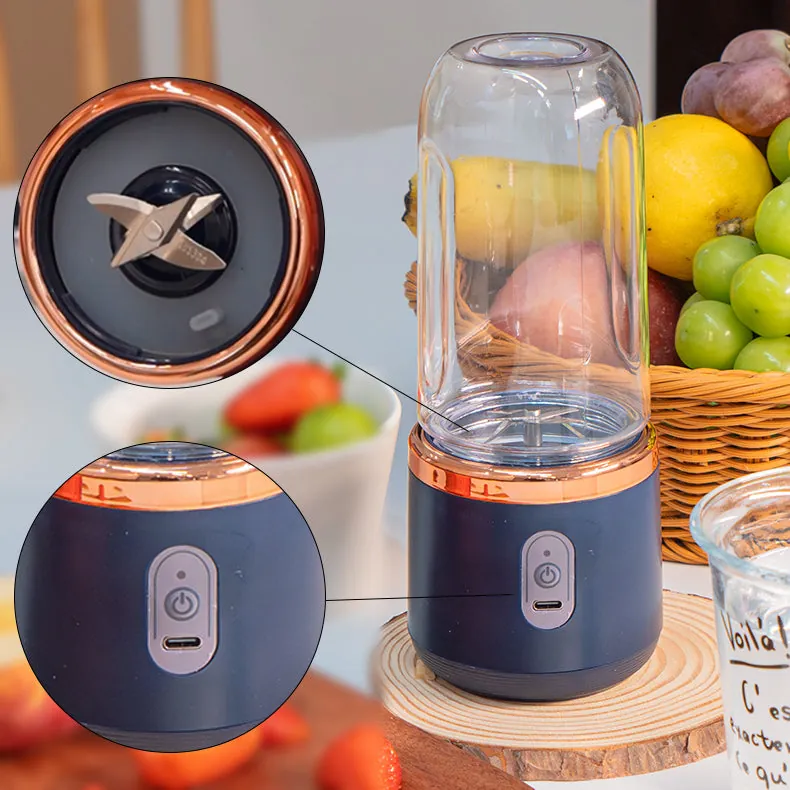 Hands shaking a portable blender upside down to clear a blade jam.