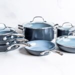 A modern ceramic non-stick pan sitting on a clean kitchen countertop.