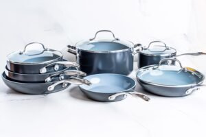 A modern ceramic non-stick pan sitting on a clean kitchen countertop.