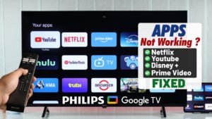 A modern Philips smart TV experiencing playback issues in a contemporary living room.