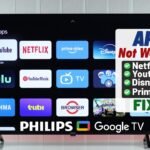 A modern Philips smart TV displaying a connection error in a living room.