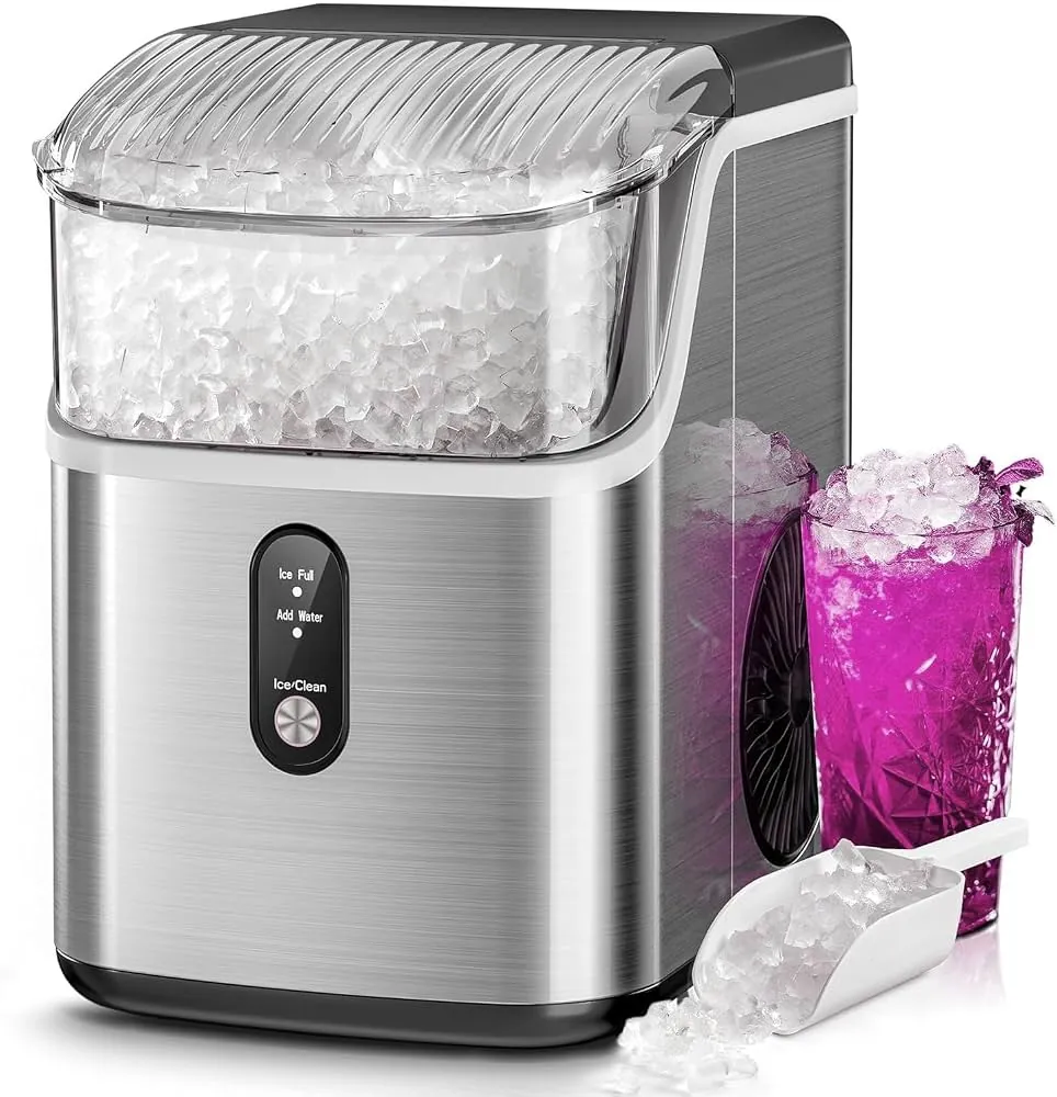 An open ice maker showing an empty reservoir and internal components in a kitchen.