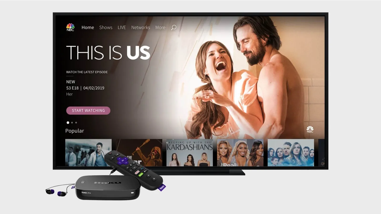 A person using a Roku remote to navigate the NBC Sports app menu interface.