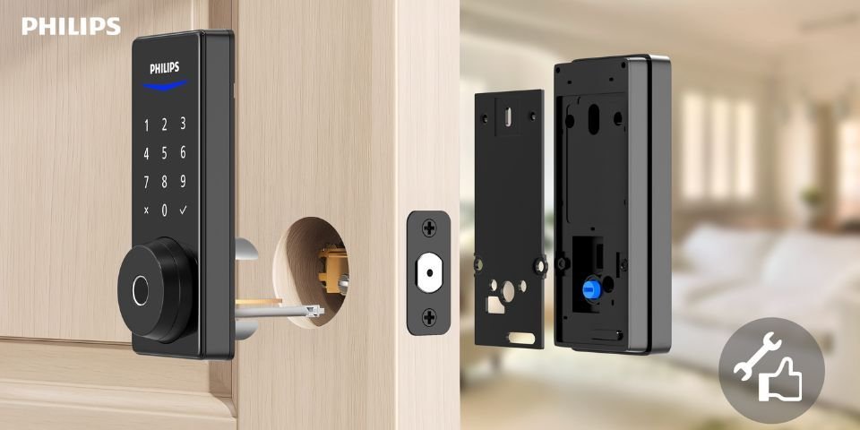 Cleaning the digital keypad of a smart door lock with a cloth.