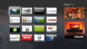 A modern Philips smart television displayed in a clean and bright living room.