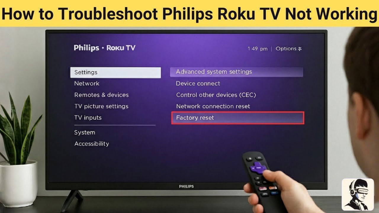 A tablet showing a technical guide next to a Philips TV displaying network settings.