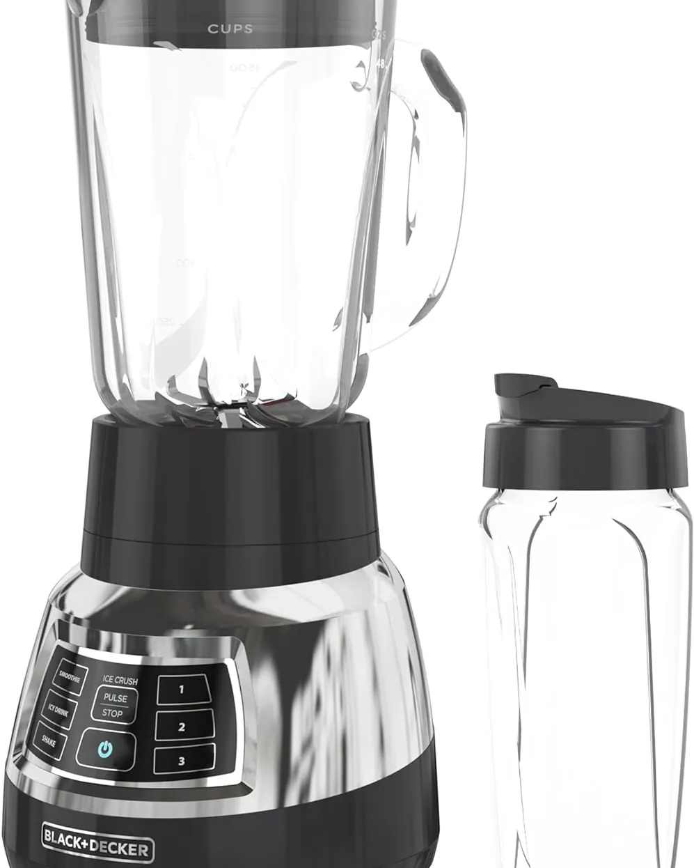 An unplugged kitchen blender resting on a wooden countertop during a cool-down.