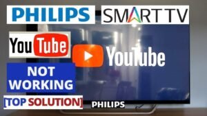 A modern Philips television displaying a frozen YouTube screen in a bright living room.