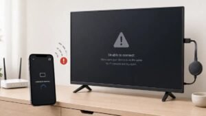 A frozen sports broadcast on a television screen indicates app connectivity issues.